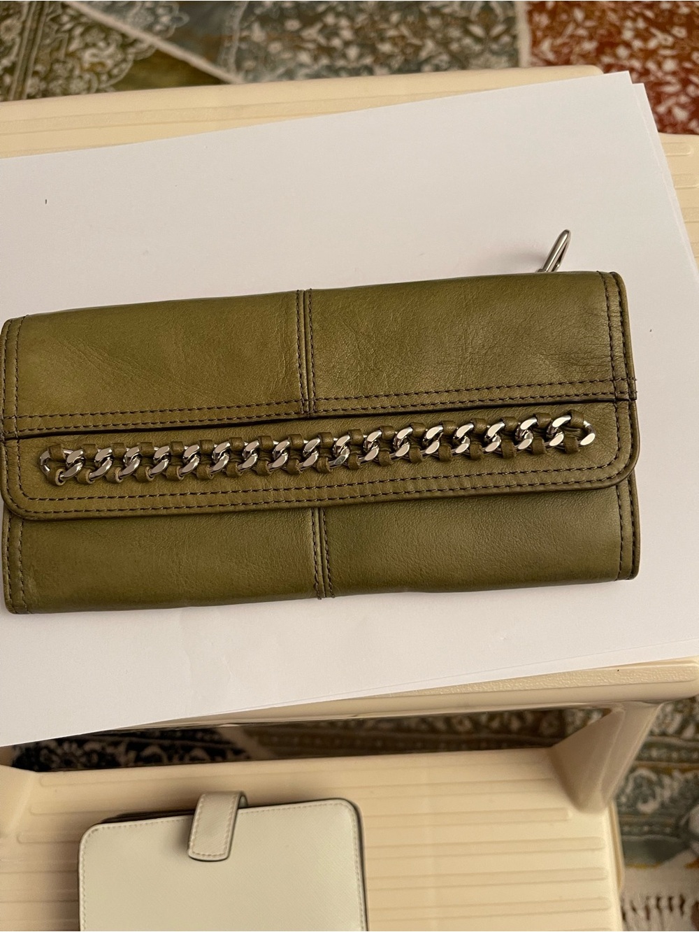 b. makowsky Olive Green Leather Wallet with Silver Chain Trim